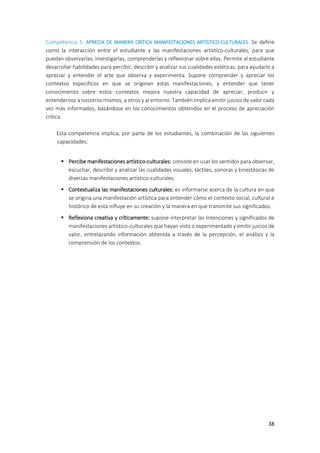 38
Competencia 5: APRECIA DE MANERA CRÍTICA MANIFESTACIONES ARTÍSTICO-CULTURALES. Se define
como la interacción entre el estudiante y las manifestaciones artístico-culturales, para que
puedan observarlas, investigarlas, comprenderlas y reflexionar sobre ellas. Permite al estudiante
desarrollar habilidades para percibir, describir y analizar sus cualidades estéticas, para ayudarlo a
apreciar y entender el arte que observa y experimenta. Supone comprender y apreciar los
contextos específicos en que se originan estas manifestaciones, y entender que tener
conocimiento sobre estos contextos mejora nuestra capacidad de apreciar, producir y
entendernos a nosotros mismos, a otros y al entorno. También implica emitir juicios de valor cada
vez más informados, basándose en los conocimientos obtenidos en el proceso de apreciación
crítica.
Esta competencia implica, por parte de los estudiantes, la combinación de las siguientes
capacidades:
 Percibe manifestaciones artístico-culturales: consiste en usar los sentidos para observar,
escuchar, describir y analizar las cualidades visuales, táctiles, sonoras y kinestésicas de
diversas manifestaciones artístico-culturales.
 Contextualiza las manifestaciones culturales: es informarse acerca de la cultura en que
se origina una manifestación artística para entender cómo el contexto social, cultural e
histórico de esta influye en su creación y la manera en que transmite sus significados.
 Reflexiona creativa y críticamente: supone interpretar las intenciones y significados de
manifestaciones artístico-culturales que hayan visto o experimentado y emitir juicios de
valor, entrelazando información obtenida a través de la percepción, el análisis y la
comprensión de los contextos.
 