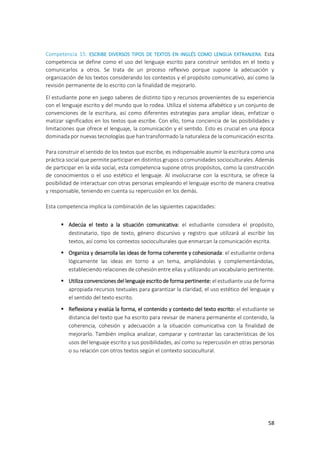 58
Competencia 15: ESCRIBE DIVERSOS TIPOS DE TEXTOS EN INGLÉS COMO LENGUA EXTRANJERA. Esta
competencia se define como el uso del lenguaje escrito para construir sentidos en el texto y
comunicarlos a otros. Se trata de un proceso reflexivo porque supone la adecuación y
organización de los textos considerando los contextos y el propósito comunicativo, así como la
revisión permanente de lo escrito con la finalidad de mejorarlo.
El estudiante pone en juego saberes de distinto tipo y recursos provenientes de su experiencia
con el lenguaje escrito y del mundo que lo rodea. Utiliza el sistema alfabético y un conjunto de
convenciones de la escritura, así como diferentes estrategias para ampliar ideas, enfatizar o
matizar significados en los textos que escribe. Con ello, toma conciencia de las posibilidades y
limitaciones que ofrece el lenguaje, la comunicación y el sentido. Esto es crucial en una época
dominada por nuevas tecnologías que han transformado la naturaleza de la comunicación escrita.
Para construir el sentido de los textos que escribe, es indispensable asumir la escritura como una
práctica social que permite participar en distintos grupos o comunidades socioculturales. Además
de participar en la vida social, esta competencia supone otros propósitos, como la construcción
de conocimientos o el uso estético el lenguaje. Al involucrarse con la escritura, se ofrece la
posibilidad de interactuar con otras personas empleando el lenguaje escrito de manera creativa
y responsable, teniendo en cuenta su repercusión en los demás.
Esta competencia implica la combinación de las siguientes capacidades:
 Adecúa el texto a la situación comunicativa: el estudiante considera el propósito,
destinatario, tipo de texto, género discursivo y registro que utilizará al escribir los
textos, así como los contextos socioculturales que enmarcan la comunicación escrita.
 Organiza y desarrolla las ideas de forma coherente y cohesionada: el estudiante ordena
lógicamente las ideas en torno a un tema, ampliándolas y complementándolas,
estableciendo relaciones de cohesión entre ellas y utilizando un vocabulario pertinente.
 Utiliza convenciones del lenguaje escrito de forma pertinente: el estudiante usa de forma
apropiada recursos textuales para garantizar la claridad, el uso estético del lenguaje y
el sentido del texto escrito.
 Reflexiona y evalúa la forma, el contenido y contexto del texto escrito: el estudiante se
distancia del texto que ha escrito para revisar de manera permanente el contenido, la
coherencia, cohesión y adecuación a la situación comunicativa con la finalidad de
mejorarlo. También implica analizar, comparar y contrastar las características de los
usos del lenguaje escrito y sus posibilidades, así como su repercusión en otras personas
o su relación con otros textos según el contexto sociocultural.
 