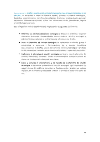 72
Competencia 22: DISEÑA Y CONSTRUYE SOLUCIONES TECNOLÓGICAS PARA RESOLVER PROBLEMAS DE SU
ENTORNO. El estudiante es capaz de construir objetos, procesos o sistemas tecnológicos,
basándose en conocimientos científicos, tecnológicos y de diversas prácticas locales, para dar
respuesta a problemas del contexto, ligados a las necesidades sociales, poniendo en juego la
creatividad y perseverancia.
Esta competencia implica la combinación e integración de las siguientes capacidades:
 Determina una alternativa de solución tecnológica: al detectar un problema y proponer
alternativas de solución creativas basadas en conocimientos científico, tecnológico y
prácticas locales, evaluando su pertinencia para seleccionar una de ellas.
 Diseña la alternativa de solución tecnológica: es representar de manera gráfica o
esquemática la estructura y funcionamiento de la solución tecnológica
(especificaciones de diseño), usando conocimiento científico, tecnológico y prácticas
locales, teniendo en cuenta los requerimientos del problema y los recursos disponibles.
 Implementa la alternativa de solución tecnológica: es llevar a cabo la alternativa de
solución, verificando y poniendo a prueba el cumplimiento de las especificaciones de
diseño y el funcionamiento de sus partes o etapas.
 Evalúa y comunica el funcionamiento y los impactos de su alternativa de solución
tecnológica: es determinar qué tan bien la solución tecnológica logró responder a los
requerimientos del problema, comunicar su funcionamiento y analizar sus posibles
impactos, en el ambiente y la sociedad, tanto en su proceso de elaboración como de
uso.
 