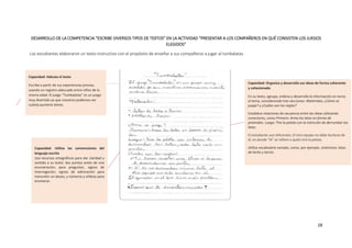 28
DESARROLLO DE LA COMPETENCIA “ESCRIBE DIVERSOS TIPOS DE TEXTOS” EN LA ACTIVIDAD “PRESENTAR A LOS COMPAÑEROS EN QUÉ CONSISTEN LOS JUEGOS
ELEGIDOS”
Los estudiantes elaboraron un texto instructivo con el propósito de enseñar a sus compañeros a jugar al tumbalatas.
Capacidad: Organiza y desarrolla sus ideas de forma coherente
y cohesionada
En su texto, agrupa, ordena y desarrolla la información en torno
al tema, considerando tres secciones: Materiales, ¿Cómo se
juega? y ¿Cuáles son las reglas?
Establece relaciones de secuencia entre las ideas utilizando
conectores, como Primero: Arma las latas en forma de
pirámides. Luego: Tira la pelota con la intención de derrumbar las
latas.
El estudiante usa referentes: El otro equipo no debe burlarse de
él, en donde “él” se refiere a quién tiró la pelota.
Utiliza vocabulario variado, como, por ejemplo, sinónimos: latas
de leche y tarros.
Capacidad: Utiliza las convenciones del
lenguaje escrito
Usa recursos ortográficos para dar claridad y
sentido a su texto: dos puntos antes de una
enumeración; para preguntar, signos de
interrogación; signos de admiración para
transmitir un deseo, y números y viñetas para
enumerar.
Capacidad: Adecúa el texto
Escribe a partir de sus experiencias previas,
usando un registro adecuado entre niños de la
misma edad: El juego “Tumbalatas” es un juego
muy divertido ya que nosotros podemos ver
cuánta puntería tienes.
 