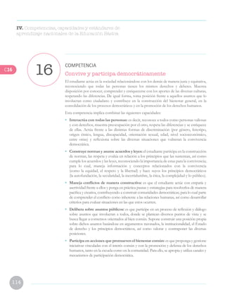 114
Convive y participa democráticamente
El estudiante actúa en la sociedad relacionándose con los demás de manera justa y equitativa,
reconociendo que todas las personas tienen los mismos derechos y deberes. Muestra
disposición por conocer, comprender y enriquecerse con los aportes de las diversas culturas,
respetando las diferencias. De igual forma, toma posición frente a aquellos asuntos que lo
involucran como ciudadano y contribuye en la construcción del bienestar general, en la
consolidación de los procesos democráticos y en la promoción de los derechos humanos.
Esta competencia implica combinar las siguientes capacidades:
•	 Interactúa con todas las personas: es decir, reconoce a todos como personas valiosas
y con derechos, muestra preocupación por el otro, respeta las diferencias y se enriquece
de ellas. Actúa frente a las distintas formas de discriminación (por género, fenotipo,
origen étnico, lengua, discapacidad, orientación sexual, edad, nivel socioeconómico,
entre otras) y reflexiona sobre las diversas situaciones que vulneran la convivencia
democrática.
•	 Construyenormasyasumeacuerdosyleyes:el estudiante participa en la construcción
de normas, las respeta y evalúa en relación a los principios que las sustentan, así como
cumple los acuerdos y las leyes, reconociendo la importancia de estas para la convivencia;
para lo cual, maneja información y conceptos relacionados con la convivencia
(como la equidad, el respeto y la libertad) y hace suyos los principios democráticos
(la autofundación, la secularidad, la incertidumbre, la ética, la complejidad y lo público).
•	 Maneja conflictos de manera constructiva: es que el estudiante actúe con empatía y
asertividad frente a ellos y ponga en práctica pautas y estrategias para resolverlos de manera
pacífica y creativa, contribuyendo a construir comunidades democráticas; para lo cual parte
de comprender el conflicto como inherente a las relaciones humanas, así como desarrollar
criterios para evaluar situaciones en las que estos ocurren.
•	 Delibera sobre asuntos públicos: es que participe en un proceso de reflexión y diálogo
sobre asuntos que involucran a todos, donde se plantean diversos puntos de vista y se
busca llegar a consensos orientados al bien común. Supone construir una posición propia
sobre dichos asuntos basándose en argumentos razonados, la institucionalidad, el Estado
de derecho y los principios democráticos, así como valorar y contraponer las diversas
posiciones.
•	 Participa en acciones que promueven el bienestar común: es que proponga y gestione
iniciativas vinculadas con el interés común y con la promoción y defensa de los derechos
humanos, tanto en la escuela como en la comunidad. Para ello, se apropia y utiliza canales y
mecanismos de participación democrática.
16 COMPETENCIA
IV. Competencias, capacidades y estándares de
aprendizaje nacionales de la Educación Básica
C16
 
