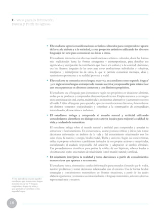 16
•	 El estudiante aprecia manifestaciones artístico-culturales para comprender el aporte
del arte a la cultura y a la sociedad, y crea proyectos artísticos utilizando los diversos
lenguajes del arte para comunicar sus ideas a otros.
	 El estudiante interactúa con diversas manifestaciones artístico- culturales, desde las formas
más tradicionales hasta las formas emergentes y contemporáneas, para descifrar sus
significados y comprender la contribución que hacen a la cultura y a la sociedad. Asimismo,
usa los diversos lenguajes de las artes para crear producciones individuales y colectivas,
interpretar y reinterpretar las de otros, lo que le permite comunicar mensajes, ideas y
sentimientos pertinentes a su realidad personal y social.
•	 Elestudiantesecomunicaensulenguamaterna,encastellanocomosegundalengua3
y en inglés como lengua extranjera de manera asertiva y responsable para interactuar
con otras personas en diversos contextos y con distintos propósitos.
	 El estudiante usa el lenguaje para comunicarse según sus propósitos en situaciones distintas,
en las que se producen y comprenden diversos tipos de textos. Emplea recursos y estrategias
en su comunicación oral, escrita, multimodal o en sistemas alternativos y aumentativos como
el braille. Utiliza el lenguaje para aprender, apreciar manifestaciones literarias, desenvolverse
en distintos contextos socioculturales y contribuir a la construcción de comunidades
interculturales, democráticas e inclusivas.
•	 El estudiante indaga y comprende el mundo natural y artificial utilizando
conocimientos científicos en diálogo con saberes locales para mejorar la calidad de
vida y cuidando la naturaleza.
	 El estudiante indaga sobre el mundo natural y artificial para comprender y apreciar su
estructura y funcionamiento. En consecuencia, asume posturas críticas y éticas para tomar
decisiones informadas en ámbitos de la vida y del conocimiento relacionados con los
seres vivos, la materia y energía, biodiversidad, Tierra y universo. Según sus características,
utiliza o propone soluciones a problemas derivados de sus propias acciones y necesidades,
considerando el cuidado responsable del ambiente y adaptación al cambio climático.
Usa procedimientos científicos para probar la validez de sus hipótesis, saberes locales u
observaciones como una manera de relacionarse con el mundo natural y artificial.
•	 El estudiante interpreta la realidad y toma decisiones a partir de conocimientos
matemáticos que aporten a su contexto.
	 El estudiante busca, sistematiza y analiza información para entender el mundo que lo rodea,
resolver problemas y tomar decisiones relacionadas con el entorno. Usa de forma flexible
estrategias y conocimientos matemáticos en diversas situaciones, a partir de los cuales
elabora argumentos y comunica sus ideas mediante el lenguaje matemático, así como diversas
representaciones y recursos.3 Este aprendizaje es para aquellos
estudiantes que tienen como lengua
materna una de las 47 lenguas
originarias o lengua de señas, y
que aprenden el castellano como
segunda lengua.
I. Retos para la Educación
Básica y Perfil de egreso
 