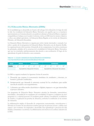 173
Currículo Nacional
cn
Ministerio de Educación
5.1.3 Educación Básica Alternativa (EBA):
Es la modalidad que se desarrolla en el marco del enfoque de la educación a lo largo de toda
la vida. Los estudiantes de Educación Básica Alternativa son aquellos que no se insertaron
oportunamenteen el sistema educativo, no pudieron culminar su Educación Básica yrequieren
compatibilizar el trabajo con el estudio. Conforme a la Ley, la EBA tiene los mismos objetivos
y ofrece una calidad equivalente a la Educación Básica Regular, en los niveles de Educación
Primaria y de Educación Secundaria.
La Educación Básica Alternativa se organiza por ciclos: inicial, intermedio y avanzado. Los
ciclos y grados de los programas de Educación Básica Alternativa son de duración flexible.
La organización por ciclos permite el desarrollo de las competencias. Los ciclos constituyen
las principales unidades de la estructura de la modalidad de Educación Básica Alternativa,
que una vez concluidos satisfactoriamente dan derecho a una certificación. El logro de los
aprendizajes de grado da derecho a una constancia.
TABLA N.° 3: CICLOS Y GRADOS DE EDUCACIÓN BÁSICA ALTERNATIVA
Y SU EQUIVALENCIA CON LA EDUCACIÓN BÁSICA REGULAR
La EBA se organiza mediante las siguientes formas de atención:
A.	 Presencial, que requiere la concurrencia simultánea de estudiantes y docentes, en
horarios y periodos establecidos.
B.	 Semipresencial, que demanda la asistencia eventual de los estudiantes para recibir
asesoría de acuerdo a sus requerimientos.
C.	 A distancia, que utiliza medios electrónicos o digitales, impresos o no, que intermedian
el proceso educativo.
Los programas de Educación Básica Alternativa atienden las demandas, características,
necesidades y diversidad de los estudiantes de la modalidad. El ingreso a cualquiera de estos
programas es a solicitud personal. El estudiante puede solicitar convalidación, revalidación
de estudios y la aplicación de pruebas de ubicación, conforme lo establecido en las normas
de evaluación.
La alfabetización implica el desarrollo de competencias instrumentales, socioeducativas y
laborales en el marco de una educación continua para que las personas jóvenes y adultas sean
capaces –por sí mismas– de emprender o desarrollar otros aprendizajes o proyectos de vida
familiar, comunitaria o económica. La alfabetización está inserta en el continuo educativo de
la EBA.
CICLO INICIAL INTERMEDIO AVANZADO
Grados 1.° 2.° 1.° 2.° 3.° 1.° 2.° 3.° 4.°
Equivalente a Educación Primaria Equivalente a Educación Secundaria
 