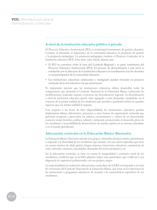 212
A nivel de la institución educativa pública o privada
El Proyecto Educativo Institucional (PEI) es el principal instrumento de gestión educativa.
Contiene la identidad, el diagnóstico de la comunidad educativa, la propuesta de gestión
y la propuesta pedagógica. La propuesta pedagógica contiene el Proyecto Curricular de la
institución educativa (PCI). Este tiene valor oficial, además, que:
• 	 El PCI se construye sobre la base del Currículo Regional y es parte constitutiva del
Proyecto Educativo Institucional (PEI). El proceso de diversificación a este nivel es
conducido por la dirección de la institución educativa en coordinación con los docentes
y con participación de la comunidad educativa.
• 	 Las instituciones educativas unidocentes y multigrado pueden formular un proyecto
curricular de la red educativa a la que pertenecen.
Es importante precisar que las instituciones educativas deben desarrollar todas las
competencias que demanda el Currículo Nacional de la Educación Básica, incluyendo las
modificaciones realizadas durante el proceso de diversificación regional. La diversificación
a nivel de institución educativa aporta valor agregado a estas demandas, situándolas en el
contexto de la propia realidad de los estudiantes que atienden y poniendo énfasis en aquellos
aspectos que esa misma realidad le requiere.
Con respecto a las horas de libre disponibilidad, las instituciones educativas pueden
implementar talleres, laboratorios, proyectos u otras formas de organización curricular que
permitan recuperar y aprovechar los saberes, conocimientos y valores de un determinado
contexto social, histórico, político, cultural y ambiental, promoviendo el desarrollo pleno de
los estudiantes y la posibilidad de desenvolverse de manera óptima en su entorno inmediato
y en el mundo globalizado.
Adecuación curricular en la Educación Básica Alternativa
LaEducaciónBásicaAlternativaatiendealosgruposvulnerablesdeáreasruralesyperiurbanas,
y responde a la diversidad de los estudiantes que atiende, con una oferta específica que tiene
en cuenta criterios de edad, género, lengua materna, trayectorias educativas, experiencias de
vida y laborales, intereses, necesidades, demandas del sector productivo, etc.
En la adecuación curricular se tiene en cuenta la marginalidad y exclusión social de los
estudiantes, condición que en la EBA adquiere rasgos muy particulares que conllevan a una
dispersión de segmentos poblacionales con sus propios rasgos.
La responsabilidad de realizar las adecuaciones curriculares de la EBA corresponde a un nivel
de concreción del Currículo Nacional de la Educación Básica, que recae en los directores de
las instituciones o programas educativos, de acuerdo a las características específicas de sus
estudiantes.
VIII. Orientaciones para la
diversificación curricular
 