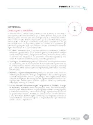 55
Currículo Nacional
cn
Ministerio de Educación
Construye su identidad.
El estudiante conoce y valora su cuerpo, su forma de sentir, de pensar y de actuar desde el
reconocimiento de las distintas identidades que lo definen (histórica, étnica, social, sexual,
cultural, de género, ambiental, entre otras) como producto de las interacciones continuas
entre los individuos y los diversos contextos en los que se desenvuelven (familia, escuela,
comunidad). No se trata de que los estudiantes construyan una identidad “ideal”, sino que
cada estudiante pueda –a su propio ritmo y criterio– ser consciente de las características que
lo hacen único y de aquellas que lo hacen semejante a otros. En ese sentido, esta competencia
implica la combinación de las siguientes capacidades:
• 	 Se valora a sí mismo: es decir, el estudiante reconoce sus características, cualidades,
limitaciones y potencialidades que lo hacen ser quien es, que le permiten aceptarse,
sentirse bien consigo mismo y ser capaz de asumir retos y alcanzar sus metas. Además,
se reconoce como integrante de una colectividad sociocultural específica y tiene
sentido de pertenencia a su familia, escuela, comunidad, país y mundo.
• 	 Autorregula sus emociones: significa que el estudiante reconoce y toma conciencia
de sus emociones, a fin de poder expresarlas de manera adecuada según el contexto,
los patrones culturales diversos y las consecuencias que estas tienen para sí mismo y
para los demás. Ello le permite regular su comportamiento, en favor de su bienestar y
el de los demás.
• 	 Reflexiona y argumenta éticamente: significa que el estudiante analice situaciones
cotidianas para identificar los valores que están presentes en ellas y asumir una posición
sustentada en argumentos razonados y en principios éticos. Implica también tomar
conciencia de las propias decisiones y acciones, a partir de reflexionar sobre si estas
responden a los principios éticos asumidos, y cómo los resultados y consecuencias
influyen en sí mismos y en los demás.
• 	 Vive su sexualidad de manera integral y responsable de acuerdo a su etapa
de desarrollo y madurez: es tomar conciencia de sí mismo como como hombre o
mujeres, a partir del desarrollo de su imagen corporal su identidad sexual y de género,
y mediante el conocimiento y valoración de su cuerpo. Supone establecer relaciones
de igualdad entre mujeres y hombres, así como relaciones afectivas armoniosas
y libres de violencia. También implica identificar y poner en práctica conductas de
autocuidado frente a situaciones que ponen en riesgo su bienestar o que vulneran sus
derechos sexuales y reproductivos.
1
COMPETENCIA
C1
 