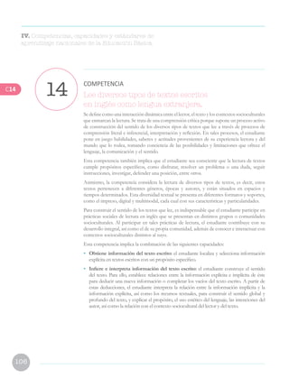106
Lee diversos tipos de textos escritos
en inglés como lengua extranjera.
Se define como una interacción dinámica entre el lector, el texto y los contextos socioculturales
que enmarcan la lectura. Se trata de una comprensión crítica porque supone un proceso activo
de construcción del sentido de los diversos tipos de textos que lee a través de procesos de
comprensión literal e inferencial, interpretación y reflexión. En tales procesos, el estudiante
pone en juego habilidades, saberes y actitudes provenientes de su experiencia lectora y del
mundo que lo rodea, tomando conciencia de las posibilidades y limitaciones que ofrece el
lenguaje, la comunicación y el sentido.
Esta competencia también implica que el estudiante sea consciente que la lectura de textos
cumple propósitos específicos, como disfrutar, resolver un problema o una duda, seguir
instrucciones, investigar, defender una posición, entre otros.
Asimismo, la competencia considera la lectura de diversos tipos de textos, es decir, estos
textos pertenecen a diferentes géneros, épocas y autores, y están situados en espacios y
tiempos determinados. Esta diversidad textual se presenta en diferentes formatos y soportes,
como el impreso, digital y multimodal, cada cual con sus características y particularidades.
Para construir el sentido de los textos que lee, es indispensable que el estudiante participe en
prácticas sociales de lectura en inglés que se presentan en distintos grupos o comunidades
socioculturales. Al participar en tales prácticas de lectura, el estudiante contribuye con su
desarrollo integral, así como el de su propia comunidad, además de conocer e interactuar con
contextos socioculturales distintos al suyo.
Esta competencia implica la combinación de las siguientes capacidades:
•	 Obtiene información del texto escrito: el estudiante localiza y selecciona información
explícita en textos escritos con un propósito específico.
•	 Infiere e interpreta información del texto escrito: el estudiante construye el sentido
del texto. Para ello, establece relaciones entre la información explícita e implícita de éste
para deducir una nueva información o completar los vacíos del texto escrito. A partir de
estas deducciones, el estudiante interpreta la relación entre la información implícita y la
información explícita, así como los recursos textuales, para construir el sentido global y
profundo del texto, y explicar el propósito, el uso estético del lenguaje, las intenciones del
autor, así como la relación con el contexto sociocultural del lector y del texto.
14 COMPETENCIA
IV. Competencias, capacidades y estándares de
aprendizaje nacionales de la Educación Básica
C14
 