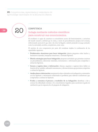 130
Indaga mediante métodos científicos
para construir sus conocimientos.
El estudiante es capaz de construir su conocimiento acerca del funcionamiento y estructura
del mundo natural y artificial que lo rodea, a través de procedimientos propios de la ciencia,
reflexionando acerca de lo que sabe y de cómo ha llegado a saberlo poniendo en juego actitudes
como la curiosidad, asombro, escepticismo, entre otras.
El ejercicio de esta competencia por parte del estudiante implica la combinación de las
capacidades siguientes:
•	 Problematiza situaciones para hacer indagación: plantea preguntas sobre hechos y
fenómenos naturales, interpretar situaciones y formular hipótesis.
•	 Diseña estrategias para hacer indagación: proponer actividades que permitan construir
un procedimiento, seleccionar materiales, instrumentos e información para comprobar o
refutar las hipótesis.
•	 Genera y registra datos o información: obtener, organizar y registrar datos fiables en
funcióndelasvariables,utilizandoinstrumentosydiversastécnicasquepermitancomprobar
o refutar las hipótesis.
•	 Analizadatoseinformación:interpretarlosdatosobtenidosenlaindagación,contrastarlos
con las hipótesis e información relacionada al problema para elaborar conclusiones que
comprueban o refutan las hipótesis.
•	 Evalúa y comunica el proceso y resultados de su indagación: identificar y dar a
conocer las dificultades técnicas y los conocimientos logrados para cuestionar el grado de
satisfacción que la respuesta da a la pregunta de indagación.
20 COMPETENCIA
IV. Competencias, capacidades y estándares de
aprendizaje nacionales de la Educación Básica
C20
 