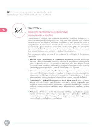 146
Resuelve problemas de regularidad,
equivalencia y cambio.
Consiste en que el estudiante logre caracterizar equivalencias y generalizar regularidades y el
cambio de una magnitud con respecto de otra, a través de reglas generales que le permitan
encontrar valores desconocidos, determinar restricciones y hacer predicciones sobre el
comportamiento de un fenómeno. Para ello plantea ecuaciones, inecuaciones y funciones,
y usa estrategias, procedimientos y propiedades para resolverlas, graficarlas o manipular
expresiones simbólicas. Así también razona de manera inductiva y deductiva, para determinar
leyes generales mediante varios ejemplos, propiedades y contraejemplos.
Esta competencia implica, por parte de los estudiantes, la combinación de las siguientes
capacidades:
•	 Traduce datos y condiciones a expresiones algebraicas: significa transformar
los datos, valores desconocidos, variables y relaciones de un problema a una expresión
gráfica o algebraica (modelo) que generalice la interacción entre estos. Implica también
evaluar el resultado o la expresión formulada con respecto a las condiciones de la situación;
y formular preguntas o problemas a partir de una situación o una expresión.
•	 Comunica su comprensión sobre las relaciones algebraicas: significa expresar su
comprensión de la noción, concepto o propiedades de los patrones, funciones, ecuaciones
e inecuaciones estableciendo relaciones entre estas; usando lenguaje algebraico y diversas
representaciones. Así como interpretar información que presente contenido algebraico.
•	 Usa estrategias y procedimientos para encontrar reglas generales: es seleccionar,
adaptar, combinar o crear, procedimientos, estrategias y algunas propiedades para
simplificar o transformar ecuaciones, inecuaciones y expresiones simbólicas que le permitan
resolver ecuaciones, determinar dominios y rangos, representar rectas, parábolas, y diversas
funciones.
•	 Argumenta afirmaciones sobre relaciones de cambio y equivalencia: significa
elaborar afirmaciones sobre variables, reglas algebraicas y propiedades algebraicas,
razonando de manera inductiva para generalizar una regla y de manera deductiva probando
y comprobando propiedades y nuevas relaciones.
24 COMPETENCIA
IV. Competencias, capacidades y estándares de
aprendizaje nacionales de la Educación Básica
C24
 