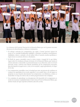 209
Currículo Nacional
cn
Ministerio de Educación
Los elementos del Currículo Nacional de la Educación Básica que son la premisa necesaria
del proceso de diversificación, se definen a continuación:
• 	 El enfoque curricular por competencias, que aspira a formar personas capaces de
actuar en su sociedad modificando realidades y poniendo en práctica conocimientos,
habilidades, valores y actitudes a fin de influir sobre el entorno, resolver problemas y
lograr metas en contextos diversos y desafiantes.
• 	 El Perfil de egreso, entendido como la visión común e integral de lo que deben
lograr todos los estudiantes del país al término de la Educación Básica, que orienta al
sistema educativo a desarrollar su potencial humano en esa dirección, tanto en el nivel
personal, social y cultural como laboral, dotándolos de las competencias necesarias
para desempeñar un papel activo y ético en la sociedad y seguir aprendiendo a lo largo
de la vida.
• 	 Las competencias, entendidas como la facultad que tiene una persona de combinar un
conjunto de capacidades de un modo específico y con sentido ético, a fin de lograr un
propósito en una situación determinada. Las competencias son dinámicas, es decir, se
desarrollan a lo largo de toda la vida en niveles progresivamente más complejos.
• 	 Los estándares de aprendizaje son descripciones del desarrollo de la competencia en
niveles de creciente complejidad desde el inicio hasta el fin de la Educación Básica, que
definen niveles de logro esperado al final de cada ciclo escolar.
 