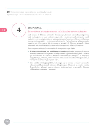 66
Interactúa a través de sus habilidades sociomotrices
en la práctica de diferentes actividades físicas (juegos, deportes, actividades predeportivas,
etc.). Implica poner en juego los recursos personales para una apropiada interacción social,
inclusión y convivencia, insertándose adecuadamente en el grupo y resolviendo conflictos de
manera asertiva, empática y pertinente a cada situación. De igual manera, aplica estrategias
y tácticas para el logro de un objetivo común en la práctica de diferentes actividades físicas,
mostrando una actitud proactiva en la organización de eventos lúdicos y deportivos.
Esta competencia implica la combinación de las siguientes capacidades:
•	 Se relaciona utilizando sus habilidades sociomotrices: supone interactuar de manera
asertiva con los demás en la práctica lúdica y deportiva experimentando el placer y disfrute
que ella representa. Por otro lado, desarrolla habilidades como el respeto a las normas de
juego, liderazgo, tolerancia, actitud proactiva, la resolución de conflictos interpersonales, la
pertenencia positiva a un grupo, entre otras.
•	 Crea y aplica estrategias y tácticas de juego: supone emplear los recursos personales
y las potencialidades de cada miembro del equipo para el logro de un objetivo común,
desarrollando y aplicando reglas y soluciones tácticas de juego en actividades físicas de
colaboración, cooperación y oposición.
4
COMPETENCIA
IV. Competencias, capacidades y estándares de
aprendizaje nacionales de la Educación Básica
C4
 