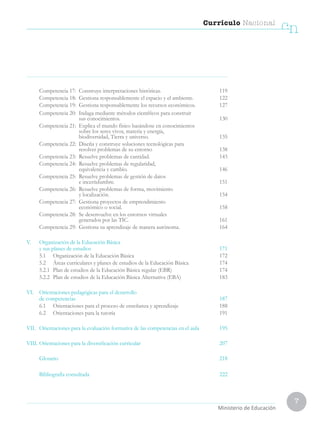 7
Currículo Nacional
cn
Ministerio de Educación
Competencia 17:	 Construye interpretaciones históricas. 119
Competencia 18:	 Gestiona responsablemente el espacio y el ambiente. 122
Competencia 19:	 Gestiona responsablemente los recursos económicos. 127
Competencia 20:	 Indaga mediante métodos científicos para construir
sus conocimientos. 130
Competencia 21:	 Explica el mundo físico basándose en conocimientos
sobre los seres vivos, materia y energía,
biodiversidad, Tierra y universo. 135
Competencia 22:	 Diseña y construye soluciones tecnológicas para
resolver problemas de su entorno 138
Competencia 23:	 Resuelve problemas de cantidad. 143
Competencia 24:	 Resuelve problemas de regularidad,
equivalencia y cambio. 146
Competencia 25:	 Resuelve problemas de gestión de datos
e incertidumbre. 151
Competencia 26:	 Resuelve problemas de forma, movimiento
y localización. 154
Competencia 27:	 Gestiona proyectos de emprendimiento
económico o social. 158
Competencia 28:	 Se desenvuelve en los entornos virtuales
generados por las TIC. 161
Competencia 29:	 Gestiona su aprendizaje de manera autónoma. 164
V.	 Organización de la Educación Básica
y sus planes de estudios 171
	 5.1	 Organización de la Educación Básica 172
	 5.2	 Áreas curriculares y planes de estudios de la Educación Básica 174
	 5.2.1	 Plan de estudios de la Educación Básica regular (EBR) 174
	 5.2.2	 Plan de estudios de la Educación Básica Alternativa (EBA) 183
VI.	 Orientaciones pedagógicas para el desarrollo
de competencias 187
	 6.1	 Orientaciones para el proceso de enseñanza y aprendizaje 188
	 6.2	 Orientaciones para la tutoría 191
VII.	 Orientaciones para la evaluación formativa de las competencias en el aula 195
VIII.	Orientaciones para la diversificación curricular	  207
	
	Glosario 218
	
	 Bibliografía consultada 222
 