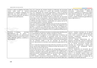 158
CE.M.5.5. Aplica el álgebra de límites
como base para el cálculo
diferencial e integral, interpreta las
derivadas de forma geométrica y
física, y resuelve ejercicios de áreas y
problemas de optimización.
M.5.1.47. Calcular de manera intuitiva la derivada de funciones
polinomiales de grado ≤4 a partir del cociente incremental.
M.5.1.49. Interpretar de manera geométrica y física la primera
derivada (pendiente de la tangente, velocidad instantánea) de
funciones polinomiales de grado ≤4, con apoyo de las TIC.
M.5.1.51. Calcular de manera intuitiva la derivada de funciones
racionales cuyos numeradores y denominadores sean polinomios
de grado ≤2, para analizar la monotonía, determinar los máximos
y mínimos de estas funciones y graficarlas con apoyo de las TIC
(calculadora gráfica, software, applets)
M.5.1.64. Calcular la integral definida de una función escalonada,
identificar sus propiedades cuando los límites de integración son
iguales y cuando se intercambian los límites de integración.
M.5.1.65. Aplicar la interpretación geométrica de la integral de una
función escalonada no negativa como la superficie limitada por la
curva y el eje x.
Halla de manera intuitiva derivadas de
funciones polinomiales; diferencia
funciones mediante las respectivas reglas
para resolver problemas de optimización;
concibe la integración como proceso
inverso, y realiza conexiones geométricas y
físicas. (Ref.I.M.5.5.1.).
CE.M.5.6. Emplea vectores
geométricos en el plano y
operaciones en R2, con aplicaciones
en física y en la ecuación de la recta;
utiliza métodos gráficos, analíticos y
tecnológicos.
M.5.2.1. Graficar vectores en el plano (coordenadas) identificando
sus características: dirección, sentido y longitud o norma.
M.5.2.2. Calcular la longitud o norma (aplicando el teorema de
Pitágoras) para establecer la igualdad entre dos vectores.
M.5.2.3. Sumar, restar vectores y multiplicar un escalar por un vector
de forma geométrica y de forma analítica, aplicando propiedades
de los números reales y de los vectores en el plano.
M.5.2.6. Reconocer los vectores como elementos geométricos de
R2.
M.5.2.7. Calcular el producto escalar entre dos vectores y la norma
de un vector para determinar la distancia entre dos puntos A y B
en R2 como la norma del vector.
M.5.2.8. Reconocer que dos vectores son ortogonales cuando su
producto escalar es cero, y aplicar el teorema de Pitágoras para
resolver y plantear aplicaciones geométricas con operaciones y
elementos de R2, apoyándose en el uso de las TIC (software como
Geogebra, calculadora gráfica, applets en internet).
M.5.2.9. Escribir y reconocer la ecuación vectorial y paramétrica
de una recta a partir de un punto de la recta y un vector dirección,
I.M.5.6.1. Grafica vectores en el plano;
halla su módulo y realiza operaciones de
suma, resta y producto por un escalar;
resuelve problemas aplicados a la
Geometría y a la Física.
I.M.5.6.2. Realiza operaciones en el
espacio vectorial R2; calcula la distancia
entre dos puntos, el módulo y la dirección
de un vector; reconoce cuando dos
vectores son ortogonales; y aplica este
conocimiento en problemas físicos,
apoyado en las TIC.
I.M.5.6.3. Determina la ecuación de la
recta de forma vectorial y paramétrica;
identifica su pendiente, la distancia a un
punto y la posición relativa entre dos
rectas, la ecuación de una recta bisectriz,
sus aplicaciones reales, la validez de sus
resultados y el aporte de las TIC
 