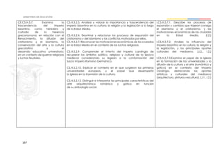 167
CE.CS.H.5.7. Examina la
trascendencia del Imperio
bizantino, como heredero y
custodio de la herencia
grecorromana, en relación con el
Renacimiento, la difusión del
cristianismo y el islamismo, la
conservación del arte y la cultura
grecolatina y el
desarrollo educativo universitario,
en un contexto de guerras religiosas
y luchas feudales.
CS.H.5.2.3. Analizar y valorar la importancia y trascendencia del
Imperio bizantino en la cultura, la religión y la legislación a lo largo
de la Edad Media.
CS.H.5.2.4. Examinar y relacionar los procesos de expansión del
cristianismo y del islamismo y los conflictos motivados por ellos.
CS.H.5.2.7. Reconocer las motivaciones económicas de las cruzadas
en la Edad Media en el contexto de las luchas religiosas.
CS.H.5.2.9. Comprender el intento del Imperio carolingio de
recuperar los ámbitos político, religioso y cultural de la época
medieval considerando su legado a la conformación del
Sacro Imperio Romano Germánico.
CS.H.5.2.10. Explicar el contexto en el que surgieron las primeras
universidades europeas, y el papel que desempeñó
la Iglesia en la trasmisión de la cultura.
CS.H.5.2.12. Distinguir e interpretar las principales características del
arte arquitectónico románico y gótico en función
de su simbología social.
I.CS.H.5.7.1. Describe los procesos de
expansión y cambios que trajeron consigo
el islamismo y el cristianismo, y las
motivaciones económicas de las cruzadas
en la Edad Media. (I.2.)
I.CS.H.5.7.2. Analiza la influencia del
Imperio bizantino en la cultura, la religión y
la legislación, y los principales aportes
culturales del medioevo. (J.2., I.2.)
I.CS.H.5.7.3.Examina el papel de la Iglesia
en la formación de las universidades y la
difusión de la cultura y el arte (romántico y
gótico) en el contexto del Imperio
carolingio, destacando los aportes
artísticos y culturales del medioevo
(arquitectura, pintura y escultura). (J.1., I.2.)
 