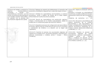 177
CE.CS.H.5.18. Analiza y compara los
sistemas socioeconómicos
esclavista y feudal, sus
características y transición, con las
formas económicas precolombinas
y el “modelo colonial” mercantilista,
en relación con el proceso de
acumulación originaria de capital.
CS.H.5.4.6. Distinguir las razones que determinaron la transición del
esclavismo al feudalismo después de la caída del Imperio romano.
CS.H.5.4.7. Sintetizar las características del feudalismo, el sistema
económico, social y político de Europa de la Edad Media,
enfocándose en la estructura de la sociedad.
CS.H.5.4.8. Discutir las características de producción agrícola,
minera y manufacturera en la América precolombina, desde el
análisis de sus condiciones propias de evolución histórica.
CS.H.5.4.9. Interpretar el proceso de configuración del mercantilismo
en Europa, destacando las consecuencias que tuvo en la conquista
y colonización de América y su relación con el origen del
capitalismo.
CS.H.5.4.10. Examinar el proceso de acumulación originaria de
capital en el contexto de la “economía triangular” (manufacturas,
personas esclavizadas y materias primas / Europa – África
y América).
I.CS.H.5.18.1. Explica la transición entre el
sistema
esclavista y el feudal, sus características
económicas, sociales y políticas en Europa,
subrayando la estructura de la sociedad y
las formas
modernas de esclavitud. (J.1., J.3.)
I.CS.H.5.18.2. Discute las características del
sistema productivo de la América
precolombina y del mercantilismo de
Europa, considerando las diversas teorías y
sistemas económicos adoptados en la
América colonial, destacando diferencias
y similitudes. (J.1., I.2.)
I.CS.H.5.18.3. Examina el proceso de
acumulación originaria de capital
(manufactura, personas esclavizadas y
materias primas en Europa,
África y América) en relación con el
sistema económico que introdujo España
en la América colonial. (J.1., I.2.)
 