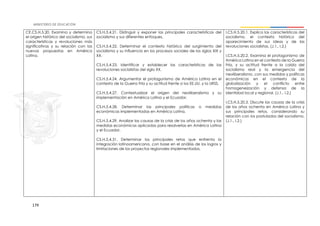 179
CE.CS.H.5.20. Examina y determina
el origen histórico del socialismo, sus
características y revoluciones más
significativas y su relación con las
nuevas propuestas en América
Latina.
CS.H.5.4.21. Distinguir y exponer las principales características del
socialismo y sus diferentes enfoques.
CS.H.5.4.22. Determinar el contexto histórico del surgimiento del
socialismo y su influencia en los procesos sociales de los siglos XIX y
XX.
CS.H.5.4.23. Identificar y establecer las características de las
revoluciones socialistas del siglo XX.
CS.H.5.4.24. Argumentar el protagonismo de América Latina en el
contexto de la Guerra Fría y su actitud frente a los EE.UU. y la URSS.
CS.H.5.4.27. Contextualizar el origen del neoliberalismo y su
implementación en América Latina y el Ecuador.
CS.H.5.4.28. Determinar las principales políticas o medidas
económicas implementadas en América Latina.
CS.H.5.4.29. Analizar las causas de la crisis de los años ochenta y las
medidas económicas aplicadas para resolverlas en América Latina
y el Ecuador.
CS.H.5.4.31. Determinar los principales retos que enfrenta la
integración latinoamericana, con base en el análisis de los logros y
limitaciones de los proyectos regionales implementados.
I.CS.H.5.20.1. Explica las características del
socialismo, el contexto histórico del
aparecimiento de sus ideas y de las
revoluciones socialistas. (J.1., I.2.)
I.CS.H.5.20.2. Examina el protagonismo de
América Latina en el contexto de la Guerra
Fría, y su actitud frente a la caída del
socialismo real y la emergencia del
neoliberalismo, con sus medidas y políticas
económicas en el contexto de la
globalización y el conflicto entre
homogeneización y defensa de la
identidad local y regional. (J.1., I.2.)
I.CS.H.5.20.3. Discute las causas de la crisis
de los años ochenta en América Latina y
sus principales retos, considerando su
relación con los postulados del socialismo.
(J.1., I.2.)
 