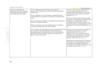 203
CE.EG.5.10. Determina la
capacidad de comercialización
del emprendimiento a partir de
una planificación financiera.
EG.5.5.13 Utilizar hojas electrónicas para realizar las
proyecciones utilizando las Tics de manera que se facilite su
elaboración.
EG.5.5.14 Elaborar un plan de ingresos y egresos del futuro
emprendimiento que permita la evaluación cuantitativa del
mismo.
EG.5.5.15 Calcular el margen de contribución del producto o
servicio en el emprendimiento.
EG.5.5.16 Calcular el punto de equilibrio de una empresa a
través de la identificación de costos unitarios.
EG.5.6.1 Aplicar técnicas básicas para la evaluación financiera
de un proyecto de emprendimiento que permita tomar
decisiones sobre su implementación, tales como Análisis de
Rentabilidad, Período de Recuperación, Tasa Interna de
Retorno y Valor Actual Neto.
I.EG.5.10.1. Aplica las TIC para proyectar
costos y gastos, calcular el punto de
equilibrio del emprendimiento y el margen
de contribución del producto o servicio
ofertado. (I.3., I.1.)
I.EG.5.10.2. Aplica las TIC en proyecciones
de efectivo con experiencia en incrementos
paulatinos y ciclicidad del mercado
(considerando las unidades vendidas y los
precios de venta), para establecer el monto
de ingresos futuros del emprendimiento. (I.3.,
I.2.)
Aplica las TIC para proyectar el margen de
contribución del producto o servicio
ofertado. (Ref. I.EG.5.10.1.)(I.3., I.1.)
Aplica las TIC para calcular el punto de
equilibrio del emprendimiento y el margen
de contribución del producto o servicio
ofertado. (Ref. I.EG.5.10.1.) (I.3., I.1.)
Aplicar técnicas básicas para la evaluación
financiera de un emprendimiento a través
de analizar la rentabilidad, periodo de
recuperación, tasa interna de retorno y valor
actual neto. (Ref. I.EG.5.11.1.) (I.1., I.
 