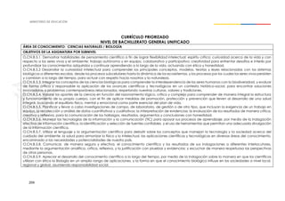 204
CURRÍCULO PRIORIZADO
NIVEL DE BACHILLERATO GENERAL UNIFICADO
ÁREA DE CONOCIMIENTO: CIENCIAS NATURALES / BIOLOGÍA
OBJETIVOS DE LA ASIGNATURA POR SUBNIVEL
O.CN.B.5.1. Demostrar habilidades de pensamiento científico a fin de lograr flexibilidad intelectual; espíritu crítico; curiosidad acerca de la vida y con
respecto a los seres vivos y el ambiente; trabajo autónomo y en equipo, colaborativo y participativo; creatividad para enfrentar desafíos e interés por
profundizar los conocimientos adquiridos y continuar aprendiendo a lo largo de la vida, actuando con ética y honestidad.
O.CN.B.5.2 Desarrollar la curiosidad intelectual para comprender los principales conceptos, modelos, teorías y leyes relacionadas con los sistemas
biológicos a diferentes escalas, desde los procesos subcelulares hasta la dinámica de los ecosistemas, y los procesos por los cuales los seres vivos persisten
y cambian a lo largo del tiempo, para actuar con respeto hacia nosotros y la naturaleza.
O.CN.B.5.3. Integrar los conceptos de las ciencias biológicas para comprender la interdependencia de los seres humanos con la biodiversidad, y evaluar
de forma crítica y responsable la aplicación de los avances científicos y tecnológicos en un contexto histórico-social, para encontrar soluciones
innovadoras a problemas contemporáneos relacionados, respetando nuestras culturas, valores y tradiciones.
O.CN.B.5.4. Valorar los aportes de la ciencia en función del razonamiento lógico, crítico y complejo para comprender de manera integral la estructura
y funcionamiento de su propio cuerpo, con el fin de aplicar medidas de promoción, protección y prevención que lleven al desarrollo de una salud
integral, buscando el equilibrio físico, mental y emocional como parte esencial del plan de vida.
O.CN.B.5.5. Planificar y llevar a cabo investigaciones de campo, de laboratorio, de gestión o de otro tipo, que incluyan la exigencia de un trabajo en
equipo, la recolección y análisis de datos cuantitativos y cualitativos; la interpretación de evidencias; la evaluación de los resultados de manera crítica,
creativa y reflexiva, para la comunicación de los hallazgos, resultados, argumentos y conclusiones con honestidad.
O.CN.B.5.6. Manejar las tecnologías de la información y la comunicación (TIC) para apoyar sus procesos de aprendizaje, por medio de la indagación
efectiva de información científica, la identificación y selección de fuentes confiables, y el uso de herramientas que permitan una adecuada divulgación
de la información científica.
O.CN.B.5.7. Utilizar el lenguaje y la argumentación científica para debatir sobre los conceptos que manejan la tecnología y la sociedad acerca del
cuidado del ambiente, la salud para armonizar lo físico y lo intelectual, las aplicaciones científicas y tecnológicas en diversas áreas del conocimiento,
encaminado a las necesidades y potencialidades de nuestro país.
O.CN.B.5.8. Comunicar, de manera segura y efectiva, el conocimiento científico y los resultados de sus indagaciones a diferentes interlocutores,
mediante la argumentación analítica, crítica, reflexiva, y la justificación con pruebas y evidencias; y escuchar de manera respetuosa las perspectivas
de otras personas.
O.CN.B.5.9. Apreciar el desarrollo del conocimiento científico a lo largo del tiempo, por medio de la indagación sobre la manera en que los científicos
utilizan con ética la Biología en un amplio rango de aplicaciones, y la forma en que el conocimiento biológico influye en las sociedades a nivel local,
regional y global, asumiendo responsabilidad social.
 