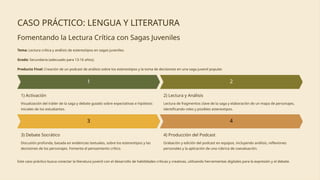 CASO PRÁCTICO: LENGUA Y LITERATURA
Fomentando la Lectura Crítica con Sagas Juveniles
Tema: Lectura crítica y análisis de estereotipos en sagas juveniles.
Grado: Secundaria (adecuado para 13-16 años).
Producto Final: Creación de un podcast de análisis sobre los estereotipos y la toma de decisiones en una saga juvenil popular.
1) Activación
Visualización del tráiler de la saga y debate guiado sobre expectativas e hipótesis
iniciales de los estudiantes.
2) Lectura y Análisis
Lectura de fragmentos clave de la saga y elaboración de un mapa de personajes,
identificando roles y posibles estereotipos.
3) Debate Socrático
Discusión profunda, basada en evidencias textuales, sobre los estereotipos y las
decisiones de los personajes. Fomenta el pensamiento crítico.
4) Producción del Podcast
Grabación y edición del podcast en equipos, incluyendo análisis, reflexiones
personales y la aplicación de una rúbrica de coevaluación.
Este caso práctico busca conectar la literatura juvenil con el desarrollo de habilidades críticas y creativas, utilizando herramientas digitales para la expresión y el debate.
 
