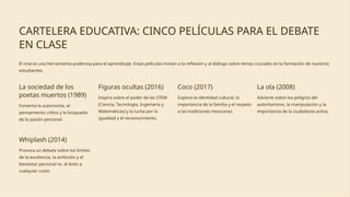 CARTELERA EDUCATIVA: CINCO PELÍCULAS PARA EL DEBATE
EN CLASE
El cine es una herramienta poderosa para el aprendizaje. Estas películas invitan a la reflexión y al diálogo sobre temas cruciales en la formación de nuestros
estudiantes.
La sociedad de los
poetas muertos (1989)
Fomenta la autonomía, el
pensamiento crítico y la búsqueda
de la pasión personal.
Figuras ocultas (2016)
Inspira sobre el poder de las STEM
(Ciencia, Tecnología, Ingeniería y
Matemáticas) y la lucha por la
igualdad y el reconocimiento.
Coco (2017)
Explora la identidad cultural, la
importancia de la familia y el respeto
a las tradiciones mexicanas.
La ola (2008)
Advierte sobre los peligros del
autoritarismo, la manipulación y la
importancia de la ciudadanía activa.
Whiplash (2014)
Provoca un debate sobre los límites
de la excelencia, la ambición y el
bienestar personal vs. el éxito a
cualquier costo.
 