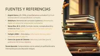 FUENTES Y REFERENCIAS
• Angulo Rasco, J. F. (1994). ¿A qué llamamos currículum? (Artículo
seminal sobre la conceptualización curricular).
• SlideShare: Elementos del currículum (ivylebron). (Presentación
digital con síntesis de componentes curriculares).
• Navas Ríos, M. E. (2020). Currículo: teorías, conceptualización y
tendencias. Ecoe. (Libro que profundiza en las bases teóricas y
evolución del currículo).
• Twilight (2008) — ficha básica. (Información técnica y datos
relevantes sobre la película).
• Centro de ayuda de Calaméo. (Recursos y tutoriales para la
publicación de revistas digitales).
Tecate Aprende: Comprometidos con la calidad y la verificación de la
información para una educación integral.
 
