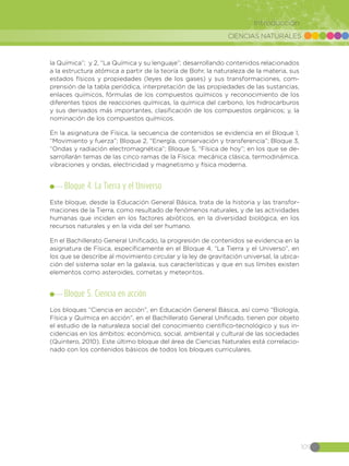 CIENCIAS NATURALES
109
Introducción
la Química”; y 2, “La Química y su lenguaje”; desarrollando contenidos relacionados
a la estructura atómica a partir de la teoría de Bohr, la naturaleza de la materia, sus
estados físicos y propiedades (leyes de los gases) y sus transformaciones, com-
prensión de la tabla periódica, interpretación de las propiedades de las sustancias,
enlaces químicos, fórmulas de los compuestos químicos y reconocimiento de los
diferentes tipos de reacciones químicas, la química del carbono, los hidrocarburos
y sus derivados más importantes, clasificación de los compuestos orgánicos; y, la
nominación de los compuestos químicos.
En la asignatura de Física, la secuencia de contenidos se evidencia en el Bloque 1,
“Movimiento y fuerza”; Bloque 2, “Energía, conservación y transferencia”; Bloque 3,
“Ondas y radiación electromagnética”; Bloque 5, “Física de hoy”; en los que se de-
sarrollarán temas de las cinco ramas de la Física: mecánica clásica, termodinámica,
vibraciones y ondas, electricidad y magnetismo y física moderna.
Bloque 4. La Tierra y el Universo
Este bloque, desde la Educación General Básica, trata de la historia y las transfor-
maciones de la Tierra, como resultado de fenómenos naturales, y de las actividades
humanas que inciden en los factores abióticos, en la diversidad biológica, en los
recursos naturales y en la vida del ser humano.
En el Bachillerato General Unificado, la progresión de contenidos se evidencia en la
asignatura de Física, específicamente en el Bloque 4, “La Tierra y el Universo”, en
los que se describe al movimiento circular y la ley de gravitación universal, la ubica-
ción del sistema solar en la galaxia, sus características y que en sus límites existen
elementos como asteroides, cometas y meteoritos.
Bloque 5. Ciencia en acción
Los bloques “Ciencia en acción”, en Educación General Básica, así como “Biología,
Física y Química en acción”, en el Bachillerato General Unificado, tienen por objeto
el estudio de la naturaleza social del conocimiento científico-tecnológico y sus in-
cidencias en los ámbitos: económico, social, ambiental y cultural de las sociedades
(Quintero, 2010). Este último bloque del área de Ciencias Naturales está correlacio-
nado con los contenidos básicos de todos los bloques curriculares.
 