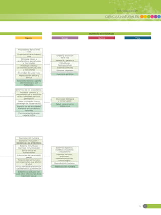 CIENCIAS NATURALES
127
Introducción
Superior FísicaBiología
Bachillerato General Unificado
Química
Salud y crecimiento
poblacional
Diversidad biológica
y conservación
Dinámica de los ecosistemas
Procesos, cambios y
mecanismos de la evolución
en los diferentes períodos
geológicos
Áreas protegidas (como
estrategia de conservación)
Impacto de las actividades
humanas en los hábitats
naturales
Funcionamiento de una
cadena trofica
Desarrollo técnico y aporte
del microscopio y el
telescopio
Propiedades de los seres
vivos
Organización de la materia
viva
Citología: clases y
características estructurales
y funcionales
Histología: clases y
característicasestructurales
y funcionales
Diversidad de seres vivos
Reproducción: sexual y
asexual
Ingeniería genética
Origen y evolución
de la vida
Herencia y genética
Estructura y
fisiología celular
Sistemas animales
Sistemas vegetales
Estadísticas actuales del
país sobre infecciones de de
trasmisión sexual
Reproducción humana
Bacterias: evolución y
resistencia a los antibióticos
Sistema inmunitario
(barreras inmunilógicas)
Salud sexual en
adolescentes
Infecciones de transmisión
sexual
Relación del ser humano
con organismos que afectan
la salud
Virus: formas de transmisión,
características y prevención
Reproducción humana
Sistemas digestivo,
excretor, circulatorio
y respiratorio
Sistemas nervioso,
endocrino,
osteoartromuscular,
inmunológico
Reproducción humana
 