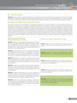 325
CURRICULO INTEGRADOR
Educación General Básica Preparatoria
Criterio de evaluación
CE.CN.1.1. Explica desde su propia experiencia las características (crecer, reproducirse, responder a estímulos), necesida-
des (alimento, aire, agua), hábitat e importancia de los seres vivos (ser humano, animales domésticos y silvestres, plantas
cultivadas y silvestres), los diferencia de la materia inerte (natural y creada) y comunica formas de cuidado y respeto.
Orientaciones metodológicas para la evaluación del criterio
Este criterio evalúa en los estudiantes la capacidad de analizar en los seres humanos, en los animales (domésticos y
silvestres) y en las plantas (cultivadas y silvestres) las etapas de crecimiento, los tipos y mecanismos de reproducción
de diferentes especies, las necesidades de alimento, aire y agua, así como la forma de responder a estímulos que se
produzcan en sus respectivos hábitats. Para ello, se sugiere ejecutar acciones encaminadas al desarrollo de la curiosidad
científica, como la observación directa de ejemplares, la observación de representaciones analógicas y digitales, la eje-
cución de pequeños experimentos que demuestren las características y la formulación de preguntas convergentes sobre
las necesidades de alimento, agua y aire, según el hábitat donde se desarrollan. Promueve la indagación de la importancia
de los seres vivos en el planeta, en diferentes fuentes (amigos-familiares). Con esta información los estudiantes están en
capacidad de hacer comparaciones entre seres vivos y materia inerte y recomendar verbalmente medidas de cuidado y
respeto.
Objetivos generales del área de
Ciencias Naturales que se evalúan
Destrezas con criterios de desempeño a evaluar
OG.CN.1. Desarrollar habilidades de pensamiento científico,
con el fin de lograr flexibilidad intelectual, espíritu indaga-
dor y pensamiento crítico, demostrar curiosidad por ex-
plorar el medio que les rodea y valorar la naturaleza como
resultado de la comprensión de las interacciones entre los
seres vivos y el ambiente físico.
OG.CN.2. Comprender el punto de vista de la ciencia sobre
la naturaleza de los seres vivos, su diversidad, interrelacio-
nes y evolución; sobre la Tierra, sus cambios y su lugar en
el universo, y sobre los procesos, tanto físicos como quí-
micos, que se producen en los seres vivos y en la materia.
OG.CN.3. Reconocer y valorar los aportes de la ciencia
para comprender los aspectos básicos de la estructura y
el funcionamiento de su propio cuerpo, con el fin de apli-
car medidas de promoción, protección y prevención de la
salud integral.
OG.CN.4. Integrar los conceptos de las ciencias biológicas,
químicas, físicas, geológicas y astronómicas, para com-
prender la ciencia, la tecnología y la sociedad, ligadas a la
capacidad de inventar, innovar y dar soluciones a la crisis
socioambiental.
OG.CN.5. Resolver problemas de la ciencia, mediante el
método científico, con la identificación de problemas, la
búsqueda crítica de información, la elaboración de conje-
turas, el diseño de actividades experimentales, el análisis y
la comunicación de resultados confiables y éticos.
OG.CN.8. Comunicar información científica, resultados y
conclusiones de sus indagaciones a diferentes interlocuto-
res, valiéndose de diversas técnicas y recursos, con aplica-
ción de la argumentación crítica y reflexiva y la justificación
con pruebas y evidencias.
CN.1.3.1. Observar y diferenciar entre los seres vivos y la
materia inerte natural y la creada por las personas del en-
torno.
CN.1.3.2. Explorar y describir las características y necesi-
dades de los seres vivos, desde sus propias experiencias.
CN.1.3.3. Observar e identificar los animales domésticos y
silvestres de la localidad, describir su utilidad y reconocer
la importancia de respetarlos.
CN.1.3.4. Explorar y reconocer las plantas cultivadas y sil-
vestres de la localidad, describir su utilidad e identificar las
formas de cuidarlas.
CN.1.3.16. Explorar sobre las características de las plantas
de un bosque o jardín y de un lago o acuario, relacionar las
características de las plantas con el medio en el que viven
y comunicarlo en forma gráfica.
 