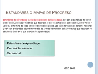 ESTÁNDARES O MAPAS DE PROGRESO
MED 2012
• Estándares de Aprendizaje
• De carácter nacional
• Secuencial
 