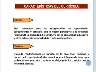 18
Abierto
CARACTERÍSTICAS DEL CURRÍCULO
Está concebido para la incorporación de capacidades,
conocimientos y actitudes que lo hagan pertinente a la realidad,
respetando la diversidad. Se construye con la comunidad educativa
y otros actores de la sociedad de modo participativo.
Flexible
Permite modificaciones en función de la diversidad humana y
social, de las particularidades, necesidades e intereses de los grupos
poblacionales y etarios a quienes se dirige y de los cambios que la
sociedad plantea.
 