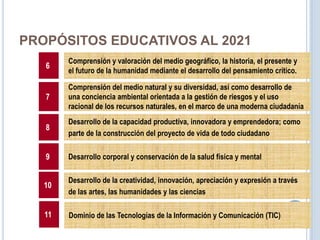 Comprensión y valoración del medio geográfico, la historia, el presente y
el futuro de la humanidad mediante el desarrollo del pensamiento crítico.
Comprensión del medio natural y su diversidad, así como desarrollo de
una conciencia ambiental orientada a la gestión de riesgos y el uso
racional de los recursos naturales, en el marco de una moderna ciudadanía
Desarrollo de la capacidad productiva, innovadora y emprendedora; como
parte de la construcción del proyecto de vida de todo ciudadano
Desarrollo corporal y conservación de la salud física y mental
Desarrollo de la creatividad, innovación, apreciación y expresión a través
de las artes, las humanidades y las ciencias
6
7
8
9
10
Dominio de las Tecnologías de la Información y Comunicación (TIC)11
PROPÓSITOS EDUCATIVOS AL 2021
 