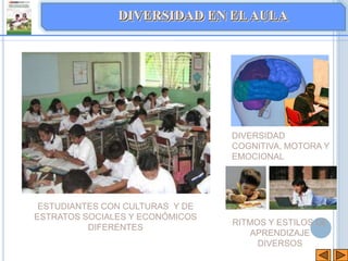 DIVERSIDAD
COGNITIVA, MOTORA Y
EMOCIONAL
RITMOS Y ESTILOS DE
APRENDIZAJE
DIVERSOS
ESTUDIANTES CON CULTURAS Y DE
ESTRATOS SOCIALES Y ECONÓMICOS
DIFERENTES
DIVERSIDAD EN ELAULA
 