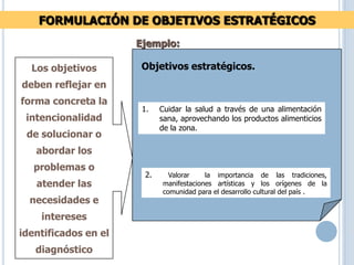 2. Valorar la importancia de las tradiciones,
manifestaciones artísticas y los orígenes de la
comunidad para el desarrollo cultural del país .
1. Cuidar la salud a través de una alimentación
sana, aprovechando los productos alimenticios
de la zona.
Objetivos estratégicos.
Ejemplo:
FORMULACIÓN DE OBJETIVOS ESTRATÉGICOS
Los objetivos
deben reflejar en
forma concreta la
intencionalidad
de solucionar o
abordar los
problemas o
atender las
necesidades e
intereses
identificados en el
diagnóstico
 