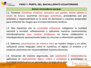 Somos innovadores porque:
I.1. Tenemos iniciativas creativas, actuamos con pasión, mente abierta y
visión de futuro; asumimos liderazgos auténticos, procedemos con pro
actividad y responsabilidad en la toma de decisiones y estamos preparados
para enfrentar los riesgos que el emprendimiento conlleva.
I.2. Nos movemos por la curiosidad intelectual, indagamos la realidad
nacional y mundial, reflexionamos y aplicamos nuestros conocimientos
interdisciplinarios para resolver problemas en forma colaborativa e
interdependiente aprovechando todos los recursos e información posibles.
I.3. Sabemos comunicarnos de manera clara en nuestra lengua y en otras,
utilizamos varios lenguajes como el numérico, el digital, el artístico y el
corporal; asumimos con responsabilidad nuestros discursos.
I.4. Actuamos de manera organizada, con autonomía e independencia;
aplicamos el razonamiento lógico, crítico y complejo; y practicamos la
humildad intelectual en un aprendizaje a lo largo de la vida.
PASO 1: PERFIL DEL BACHILLERATO ECUATORIANO
 