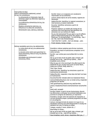 123
4
Intercambio de ideas
sobre la alimentación tradicional y actual
de las y los venezolanos
La alimentación en Venezuela: tipos de
alimentos según las diferentes regiones y
comunidades.
Las preferencias alimenticias de los y las
venezolanos.
Modelos alimentarios externos y su
influencia en la dieta del venezolano.
Alimentación sana, sabrosa y soberana.
Escribir: llenar un crucigrama con vocabulario
relacionado con los alimentos.
Lectura: platos típicos de varios estados, regiones de
Venezuela.
Hablar/Escribir: identificar lo regional venezolano, lo
internacional y el plato tradicional.
Escuchar: identificar alimentos a partir de
ilustraciones.
Proyecto: elaborar un modelo del trompo de los
alimentos (the Food Spinning Top) identificar los
alimentos con sus nombres en inglés.
Do you like (alimentos)? Do you want a cup of coffee/a
glass of water/milk/orange juice? Yes, please / No
thank you. I’m thirsty/hungry… I’m not thirsty, …Yes, I
do / No, I don’t like chicken/arepas.
I don’t like fish / I prefer… but I am allergic… a/an.
Fruits: banana, mango, orange.
5
Rutinas saludables para los y las adolescentes
La rutina diaria de las y los adolescentes
venezolanos.
La escuela como centro para garantizar la
salud emocional y física en las y los jóvenes
venezolanos.
Actividades que promueven la salud
emocional y física.
Gramática: ordenar palabras para formar oraciones.
Gramática: con base en ilustraciones completar con el
verbo correcto.
Escribir: usar verbos para narrar/describir la rutina
diaria.
Get up, go to bed, brush my teeth, take a shower, get
dressed, put on my…, take off my clothes, …Have
breakfast, lunch, dinner.
What do you do in the morning/in the afternoon/in the
weekend? Do you usually have lunch at home? Work,
study, go to school, sleep, watch tv, …
Then, later, finally.
Hablar/Escribir: identificar las emociones a partir de
ilustraciones (emoticones).
Hablar/Escribir: responder a how does she feel? con base
en ilustraciones.
Escuchar/Escribir: dictado sobre los malestares físicos.
Lectura/Hablar/Escritura: leer un email corto y responder
preguntas con Yes/No.
I feel good/bad/very well/not very well/terrible.
I have a headache/a fever/a stomachache/an earache/the
flu.
Good, well, verywell.
Escribir/ Hablar: A partir de dos ilustraciones, discutir
las diferencias y contrastar las acciones habituales y las
acciones en progreso (El detective y el reportero).
Gramática: escoger entre dos opciones de respuesta, la
correcta (presente simple o presente progresivo) con base
en una pregunta.
Lectura: mensaje de texto de celular en el que el o la
estudiante comunica que está desayunando (I usually eat
sándwich but now I’m eating an arepa).
I always, usually // never, seldom do…/
Now/today I’m doing…
Get up, go to bed, brush my teeth, take a shower, get
dressed, put on my…, take off my clothes, …
Have breakfast, lunch, dinner, mealsHow often you…?
 