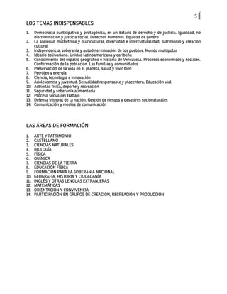 5
LOS TEMAS INDISPENSABLES
1.	 Democracia participativa y protagónica, en un Estado de derecho y de justicia. Igualdad, no
discriminación y justicia social. Derechos humanos. Equidad de género
2.	 La sociedad multiétnica y pluricultural, diversidad e interculturalidad, patrimonio y creación
cultural
3.	 Independencia, soberanía y autodeterminación de los pueblos. Mundo multipolar
4.	 Ideario bolivariano. Unidad latinoamericana y caribeña
5.	 Conocimiento del espacio geográfico e historia de Venezuela. Procesos económicos y sociales.
Conformación de la población. Las familias y comunidades
6.	 Preservación de la vida en el planeta, salud y vivir bien
7.	 Petróleo y energía
8.	 Ciencia, tecnología e innovación
9.	 Adolescencia y juventud. Sexualidad responsable y placentera. Educación vial
10.	 Actividad física, deporte y recreación
11.	 Seguridad y soberanía alimentaria
12.	 Proceso social del trabajo
13.	 Defensa integral de la nación. Gestión de riesgos y desastres socionaturales
14.	 Comunicación y medios de comunicación
LAS ÁREAS DE FORMACIÓN
1.	 ARTE Y PATRIMONIO
2.	CASTELLANO
3.	 CIENCIAS NATURALES
4.	BIOLOGÍA
5.	FÍSICA
6.	QUÍMICA
7.	 CIENCIAS DE LA TIERRA
8.	 EDUCACIÓN FÍSICA
9.	 FORMACIÓN PARA LA SOBERANÍA NACIONAL
10.	 GEOGRAFÍA, HISTORIA Y CIUDADANÍA
11.	 INGLÉS Y OTRAS LENGUAS EXTRANJERAS
12.	MATEMÁTICAS
13.	 ORIENTACIÓN Y CONVIVENCIA
14.	 PARTICIPACIÓN EN GRUPOS DE CREACIÓN, RECREACIÓN Y PRODUCCIÓN
 