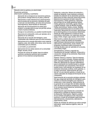64
6
Relación entre la química y la electricidad
Ecuaciones químicas:
información cualitativa y cuantitativa
Aplicación de la energía de las reacciones químicas,
para producir energía eléctrica en pilas y baterías.
Aplicaciones a nivel industrial de la electroquímica
para la producción de aluminio, hidróxido de sodio
y cloro por vía electrolítica, así como otros procesos
electroquímicos, desarrollados en Venezuela.
Aplicación del funcionamiento de celdas para
producir la energía eléctrica que nos permite utilizar
a diario muchos artefactos.
Energía en los alimentos y su posible transformación
Reacciones de combustión, como, por ejemplo, de la
gasolina en los vehículos.
Aplicación de la reacción del hidrógeno, como
combustible más inofensivo para los seres humanos.
Aplicaciones de la energía alternativa como material
orgánico, solar, del viento, entre otras, como recurso
sustentable para el ambiente.
La corrosión y su prevención.
Aplicaciones de las celdas solares en la comunidad
(hogar, escuela, otros).
Procesos de control de calidad, tipos de análisis
químicos y productos químicos que se puedan
generar en los sistemas socioproductivos.
Oxidación y reducción. Número de oxidación o
estado de oxidación. Iones (cationes y aniones).
Estados de oxidación de los elementos químicos.
Reacciones de óxido-reducción (semirreacciones).
Balanceo de ecuaciones de óxido-reducción.
Electroquímica. Celdas galvánicas. Aplicación
del principio de las celdas galvánicas (pilas).
Celdas galvánicas: electrolito, agente reductor
y agente oxidante. Leyes de Michell Faraday.
Celdas electrolíticas: cátodo y ánodo. Medidas
y técnicas preventivas para la corrosión de los
materiales. Mecanismo de corrosión. Aplicaciones
de la electroquímica en los procesos industriales.
Diseño de celdas galvánicas a través de varios
electrólitos y electrodos, con materiales sencillos
(papa, limón, vinagre, agua salada, entre otros).
Observación y análisis del proceso de electrolisis
del agua, a través del diseño de actividades
experimentales (demostraciones, simulaciones,
laboratorios, experimentos, otras). Diseño una
propuesta comunitaria sobre el proceso de
reciclaje de pilas, para ser aplicada en tu escuela,
comunidad y hogar.
Termodinámica: primera y segunda ley.
Transferencia de energía: radiación, conducción y
convección. Energía en los alimentos. Reacciones
químicas y energía.
Sistema: entorno y universo. Tipos de sistemas;
abiertos, cerrados y aislados. Entalpia estándar
(ΔH°). Entropía estándar (ΔS°). Energía libre de
Gibbs (G). Realización de cálculos matemáticos
para la estimación de transformación la energía
de los alimentos que consumimos. Para ello se
pueden tomar como ejemplo los empaques de los
alimentos (chocolate, sardinas, leche, galletas…);
la tabla nutricional. Determinación del valor
del ΔH° en una reacción química, a través de los
valores tabulados de entalpía de formación de los
compuestos.
Determinación de la variación entrópica estándar
del agua oxigenada (peróxido de hidrógeno), para
conocer el consumo energético que requiere la
producción a nivel industrial. Determinación de
la variación de la energía libre de Gibbs estándar
(ΔG°) de diversas muestras inorgánicas, utilizadas
en el contexto social (industrias, alimentación,
medicina, entre otros).
Determinación experimental de la variación de
temperatura y entalpía en algunos procesos
de disolución. Observación, registro y análisis
de los cambios energéticos en dos reacciones
químicas, a través de actividades experimentales
(demostraciones, simulaciones, laboratorios,
experimentos, otras).
Diseño de prototipo de vehículo que utilice energía
alternativa. como material orgánico, solar, de
viento, etc.
 