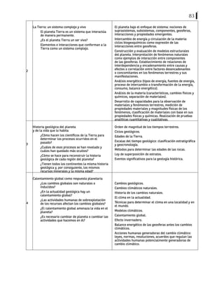 83
2
La Tierra: un sistema complejo y vivo
El planeta Tierra es un sistema que interactúa
de manera permanente.
¿Es el planeta Tierra un ser vivo?
Elementos e interacciones que conforman a la
Tierra como un sistema complejo.
El planeta bajo el enfoque de sistema: nociones de
suprasistemas, subsistemas, componentes, geosferas,
interacciones y propiedades emergentes.
Intercambio de energía y circulación de la materia:
ciclos biogeoquímicos como expresión de las
interacciones entre geosferas.
Construcción y evaluación de modelos estructurales
del planeta. Interpretación de fenómenos naturales
como ejemplos de interacción entre componentes
de las geosferas. Establecimiento de relaciones de
interdependencia y encadenamiento entre causas y
efectos o correlación entre factores desencadenantes
o concomitantes en los fenómenos terrestres y sus
manifestaciones.
Análisis energético (tipos de energía, fuentes de energía,
proceso de intercambio o transformación de la energía,
consumo, balance energético).
Análisis de la materia (características, cambios físicos y
químicos, separación de materiales).
Desarrollo de capacidades para la observación de
materiales y fenómenos terrestres, medición de
propiedades materiales y magnitudes físicas de los
fenómenos, clasificación de materiales con base en sus
propiedades físicas y químicas. Realización de pruebas
analíticas cuantitativas y cualitativas.
3
Historia geológica del planeta
y de la vida que lo habita
¿Cómo hacen los científicos de la Tierra para
determinar los procesos ocurridos en el
pasado?
¿Cuáles de esos procesos se han revelado y
cuáles han quedado más ocultos?
¿Cómo se hace para reconstruir la historia
geológica de cada región del planeta?
¿Tienen todos los continentes la misma historia
geológica y, por consiguiente, los mismos
recursos minerales y la misma edad?
Orden de magnitud de los tiempos terrestres.
Ciclos geológicos.
Edades de la Tierra.
Escalas del tiempo geológico: clasificación estratigráfica
y geocronología.
Métodos para determinar las edades de las rocas.
Ley de superposición de estratos.
Eventos significativos para la geología histórica.
4
Calentamiento global como respuesta planetaria
¿Los cambios globales son naturales o
inducidos?
¿En la actualidad geológica hay un
calentamiento global?
¿Las actividades humanas de sobrexplotación
de los recursos afectan los cambios globales?
¿El calentamiento global amenaza la vida en el
planeta?
¿Es necesario cambiar de planeta o cambiar las
actividades que hacemos en él?
Cambios geológicos.
Cambios climáticos naturales.
Historia de los cambios naturales.
El clima en la actualidad.
Técnicas para determinar el clima en una localidad y en
el mundo.
Modelos climáticos.
Calentamiento global.
Efecto invernadero.
Balance energético de las geosferas antes los cambios
climáticos.
Acciones humanas generadoras del cambio climático:
leyes, normas, resoluciones, acuerdos que regulan las
actividades humanas potencialmente generadoras de
cambio climático.
 