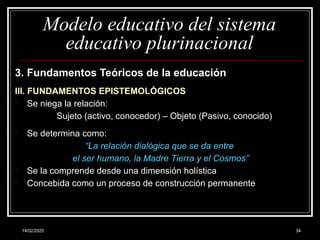 14/02/2025 34
Modelo educativo del sistema
educativo plurinacional
3. Fundamentos Teóricos de la educación
III. FUNDAMENTOS EPISTEMOLÓGICOS
- Se niega la relación:
Sujeto (activo, conocedor) – Objeto (Pasivo, conocido)
- Se determina como:
“La relación dialógica que se da entre
el ser humano, la Madre Tierra y el Cosmos”
- Se la comprende desde una dimensión holística
- Concebida como un proceso de construcción permanente
 