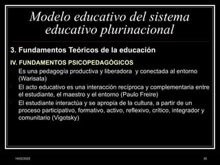 14/02/2025 35
Modelo educativo del sistema
educativo plurinacional
3. Fundamentos Teóricos de la educación
IV. FUNDAMENTOS PSICOPEDAGÓGICOS
- Es una pedagogía productiva y liberadora y conectada al entorno
(Warisata)
- El acto educativo es una interacción recíproca y complementaria entre
el estudiante, el maestro y el entorno (Paulo Freire)
- El estudiante interactúa y se apropia de la cultura, a partir de un
proceso participativo, formativo, activo, reflexivo, crítico, integrador y
comunitario (Vigotsky)
 