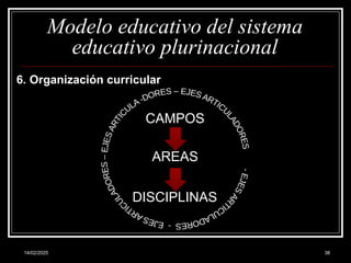 14/02/2025 38
CAMPOS
AREAS
DISCIPLINAS
Modelo educativo del sistema
educativo plurinacional
6. Organización curricular
 