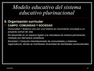 14/02/2025 45
Modelo educativo del sistema
educativo plurinacional
6. Organización curricular
 CAMPO: COMUNIDAD Y SOCIEDAD
- Comunidad = Sistema vivo con una historia en movimiento vinculada a un
proyecto común de vida
- Se desarrolla en un espacio ligado a la naturaleza de manera permanente,
mediado por elementos simbólicos
- Sociedad = Conjunto interrelacionado de comunidades y sistemas
organizativos, donde se manifiestan diversidad de identidades socioculturales
 