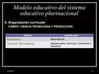 14/02/2025 48
Modelo educativo del sistema
educativo plurinacional
6. Organización curricular
 CAMPO: CIENCIA TECNOLOGIA Y PRODUCCION
AREAS DISCIPLINAS
Matemática Matemáticas
Técnicas Tecnológicas Agropecuaria, Servicios, Comercial e
Industrial
 