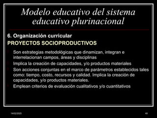14/02/2025 49
Modelo educativo del sistema
educativo plurinacional
6. Organización curricular
PROYECTOS SOCIOPRODUCTIVOS
- Son estrategias metodológicas que dinamizan, integran e
interrelacionan campos, áreas y disciplinas
- Implica la creación de capacidades, y/o productos materiales
- Son acciones conjuntas en el marco de parámetros establecidos tales
como: tiempo, costo, recursos y calidad. Implica la creación de
capacidades, y/o productos materiales.
- Emplean criterios de evaluación cualitativos y/o cuantitativos
 