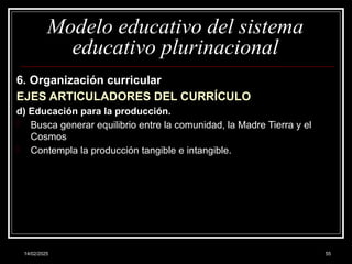 14/02/2025 55
Modelo educativo del sistema
educativo plurinacional
6. Organización curricular
EJES ARTICULADORES DEL CURRÍCULO
d) Educación para la producción.
- Busca generar equilibrio entre la comunidad, la Madre Tierra y el
Cosmos
- Contempla la producción tangible e intangible.
 