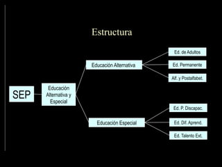 Estructura
SEP
Educación
Alternativa y
Especial
Educación Especial
Educación Alternativa
Ed. de Adultos
Ed. Permanente
Alf. y Postalfabet.
Ed. Talento Ext.
Ed. P. Discapac.
Ed. Dif. Aprend.
 