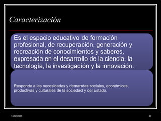 14/02/2025 83
Caracterización
Es el espacio educativo de formación
profesional, de recuperación, generación y
recreación de conocimientos y saberes,
expresada en el desarrollo de la ciencia, la
tecnología, la investigación y la innovación.
Responde a las necesidades y demandas sociales, económicas,
productivas y culturales de la sociedad y del Estado.
 