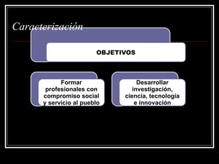 OBJETIVOS
Formar
profesionales con
compromiso social
y servicio al pueblo
Desarrollar
investigación,
ciencia, tecnología
e innovación
Caracterización
 