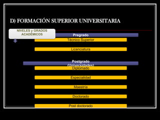 D) FORMACIÓN SUPERIOR UNIVERSITARIA
Pregrado
Técnico Superior
Licenciatura
Postgrado
(Universidades)
Diplomado
Especialidad
Maestría
Doctorado
Post doctorado
NIVELES y GRADOS
ACADÉMICOS
 
