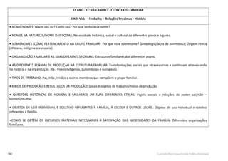 140 Currículo Básico para Escola Pública Municipal
1º ANO - O EDUCANDO E O CONTEXTO FAMILIAR
EIXO: Vida – Trabalho – Relações Próximas - História
• NOME/NOMES: Quem sou eu? Como sou? Por que tenho esse nome?
• NOMES NA NATUREZA/NOME DAS COISAS: Necessidade histórica, social e cultural de diferentes povos e lugares.
• SOBRENOMES (COMO PERTENCIMENTO AO GRUPO FAMILIAR: Por que esse sobrenome? Genealogia/laços de parentesco; Origem étnica
(africana, indígena e europeia).
• ORGANIZAÇÃO FAMILIAR E AS SUAS DIFERENTES FORMAS: Estruturas familiares dos diferentes povos.
• AS DIFERENTES FORMAS DE PRODUÇÃO NA ESTRUTURA FAMILIAR: Transformações sociais que atravessaram e continuam atravessando
na história e na organização. (Ex.: Povos indígenas, quilombolas e europeus).
• TIPOS DE TRABALHO: Pai, mãe, irmãos e outros membros que compõem o grupo familiar.
• MEIOS DE PRODUÇÃO E RESULTADOS DA PRODUÇÃO: Locais e objetos de trabalho/meios de produção.
• QUESTÕES HISTÓRICAS DE HOMENS E MULHERES EM SUAS DIFERENTES ETNIAS: Papéis sociais e relações de poder pai/mãe –
homem/mulher.
• OBJETOS DE USO INDIVIDUAL E
•
COLETIVO REFERENTES À FAMÍLIA, À ESCOLA E OUTROS LOCAIS: Objetos de uso individual e coletivo
referentes à família.
COMO SE OBTÊM OS RECURSOS MATERIAIS NECESSÁRIOS À SATISFAÇÃO DAS NECESSIDADES DA FAMÍLIA: Diferentes organizações
familiares.
 