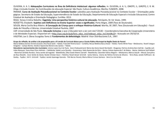 53Educação Infantil e Ensino Fundamental (Anos Iniciais)
OLIVEIRA, A. A. S. Adequações Curriculares na Área da Deficiência Intelectual: algumas reflexões. In: OLIVEIRA, A. A. S.; OMOTE, S.; GIROTO, C. R. M.
(Orgs.) Inclusão Escolar: As Contribuições da educação Especial. São Paulo: Cultura Acadêmica. Marília: FUNDEPE, 2008.
PARANÁ. Curso de Avaliação Psicoeducacional no Contexto Escolar: subsídios para Avaliação Psicoeducacional no Contexto Escolar – Orientações peda-
gógicas. Secretaria de Estado da Educação, Superintendência de Estado da Educação, Departamento de Educação Especial e Inclusão Educacional, Centro
Estadual de Avaliação e Orientação Pedagógica. Curitiba: 2013.
REGO, Tereza Cristina Rebolho. Vygotsky: Uma perspectiva histórico-cultural da educação. Petrópolis, RJ: Ed. Vozes, 1999.
ROSSETTO, Elizabeth. Sujeitos com Deficiência no Ensino Superior: vozes e significados. Porto Alegre, 2009 (Tese de Doutorado).
SOUZA, Maria Cecília Braz Ribeiro. A Concepção de Criança para o enfoque Histórico-Cultural. Marília, SP, 2007; Tese (Doutorado em Educação) – Facul-
dade de Filosofia e Ciências, Universidade Estadual Paulista, 2007
USP. Universidade de São Paulo. Educação Inclusiva: o que o Educador tem a ver com isto? CECAE – Coordenadoria Executiva de Cooperação Universitária
e de Atividades Especiais. Disponível em <http://saci.org.br/pub/livro_educ_incl/redesaci_educ_incl.html#s23>. Acessado em 29/10/14.
VIGOTSKI, Lev S. Obras Escogidas Tomo V. Fundamentos de defectología. Madrid: Visor Distribuciones S.A., 1997.
Grupo de reflexão, de análise e de proposições para a 3ª versão do Currículo Básico para a Escola Pública Municipal da Região Oeste do Paraná
Maria Valdeny Gomes Ferreira (Coord.) Ana Paula Santi – Toledo; Francielli Pereira Gozzi – Corbélia; Neusa Melânia Bacca Koval – Toledo; Tiarles Mirlei Piaia – Medianeira; Roseli Estegue
Gregolon - Campo Bonito; Veralice Aparecida Moreira dos Santos – Toledo.
Educadores representantes dos municípios: Juliana Lopes Guzi de Paula - Assis Chateaubriand; Maria das Dores Gazoli Rombaldi – Braganey; Patrícia Andreia Boni Gehrke - Capitão Leô-
nidas Marques; Tania Alves Pires Hellman – Cafelândia; Salete Lucia Zanotto – Guaraniaçu; Katia Aparecida da Silva – Ibema; Sirlene Aparecida F. de Matos - Ibema; Valdirene Sutil Rafaeli
- Marechal Cândido Rondon; Tania Janete Sernagiotto - Matelândia; Zilka Elizete Ribeiro Danielli - Matelândia; Cleonilde Fátima Wagner – Medianeira; Márcia Staudt – Missal; Gonçalina
da Rosa Novello - Ouro Verde do Oeste; Rosilei Ortolan Dazzi – Palotina; Roseli Devair Schmidt - Santa Helena; Clarice de Fátima Ferreira de Oliveira - Terra Roxa; Janete Hoffmann de
Godoy - Tupãssi ; Sirli E. Schmidt - Tupãssi; Janete Savenago Ganzola - Três Barras Paraná; Maria Albina Furioso Santana - Vera Cruz do Oeste.
 